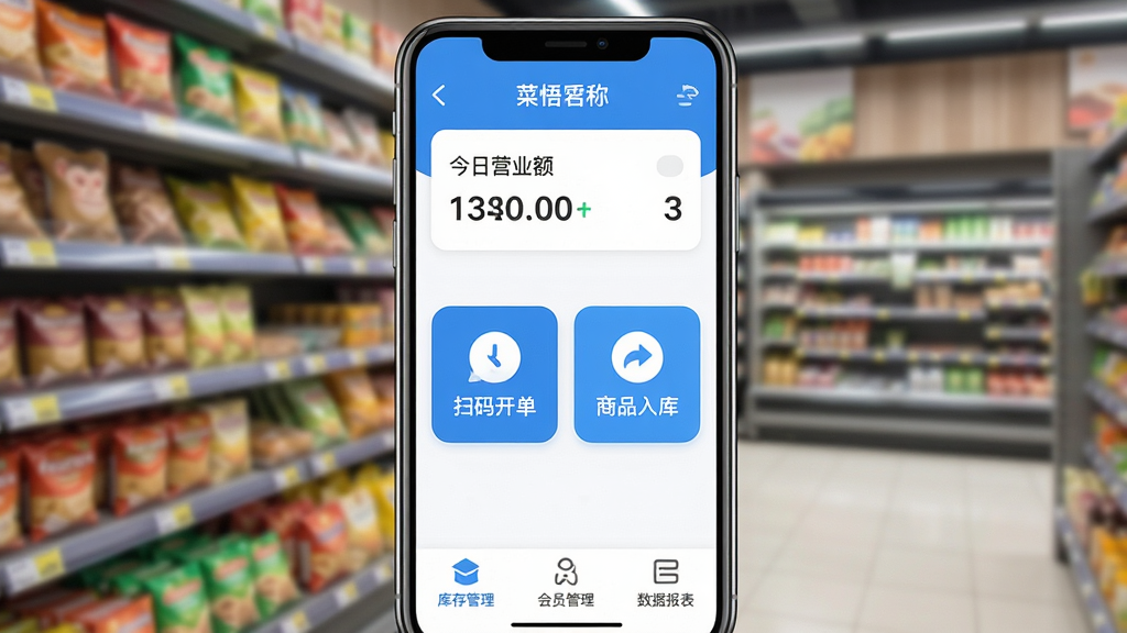 菜悟空ERP软件主界面全貌展示,手机屏幕居中显示,界面顶部是店铺名称和今日营业额统计卡片,中间是醒目的扫码开单和商品入库两个大按钮,底部是库存管理、会员管理、数据报表三个导航标签,整体配色以清爽的蓝白色为主,图标设计圆润扁平,背景是虚化的超市货架场景,画质清晰干净,无多余装饰元素