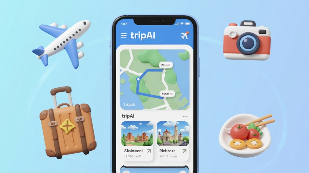 一张展示tripAI软件核心全貌的图片,画面中央是一部智能手机,手机屏幕上显示着tripAI的行程规划界面,界面中有地图路线和景点卡片,手机周围环绕着飞机、行李箱、相机、美食图标等旅行元素,背景是淡蓝色渐变,风格现代扁平化,细节圆润,画质干净无多余元素,图片中文字包含