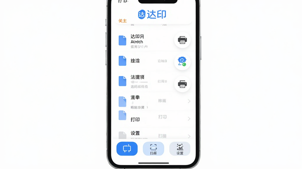 手机屏幕显示达印软件主界面,顶部有“达印”蓝色logo字样,中间是文件列表和打印机连接状态图标,底部有打印、扫描、设置三个功能按钮,背景为干净的白色,布局清晰简洁,风格现代扁平化,细节圆润,画质干净无多余元素