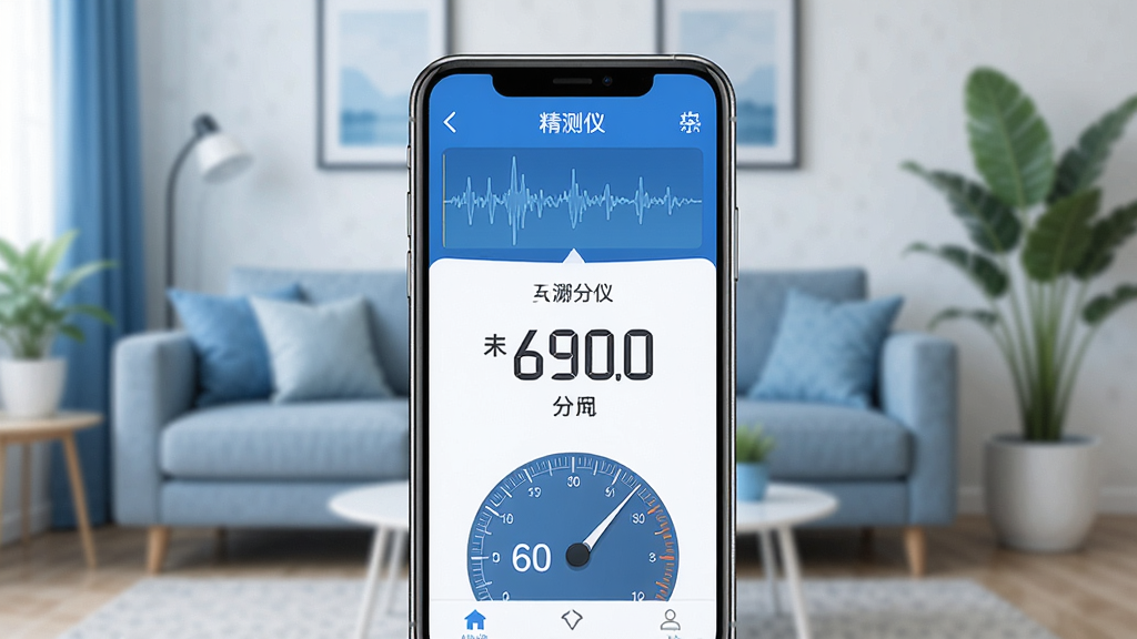 一个现代风格的手机应用界面展示,画面中央是一部智能手机,屏幕上显示着精测分贝仪的测量主界面,大大的分贝数值显示在中间,周围有波形图和刻度盘,背景是安静的客厅环境,有沙发和绿植,整体色调清爽干净,蓝白配色为主,画质清晰,无多余元素
