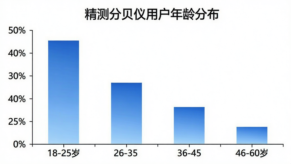 一张柱状图,展示精测分贝仪用户年龄分布,横轴为年龄段18-25岁、26-35岁、36-45岁、46-60岁,纵轴为用户占比百分比,柱状图颜色为蓝色渐变,图表标题为“精测分贝仪用户年龄分布”,背景白色,文字清晰,画面干净,无多余元素