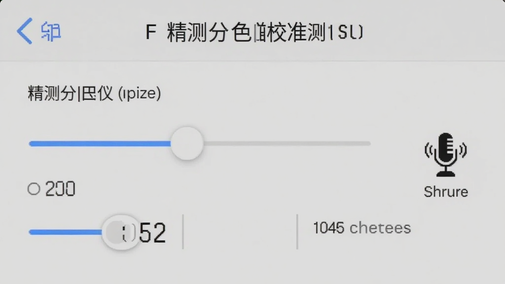 一个手机界面截图风格,显示精测分贝仪的校准设置页面,有滑块和数值调节选项,旁边有一个小图标表示麦克风校准,背景是简洁的灰色调,画面干净,文字清晰,无多余元素
