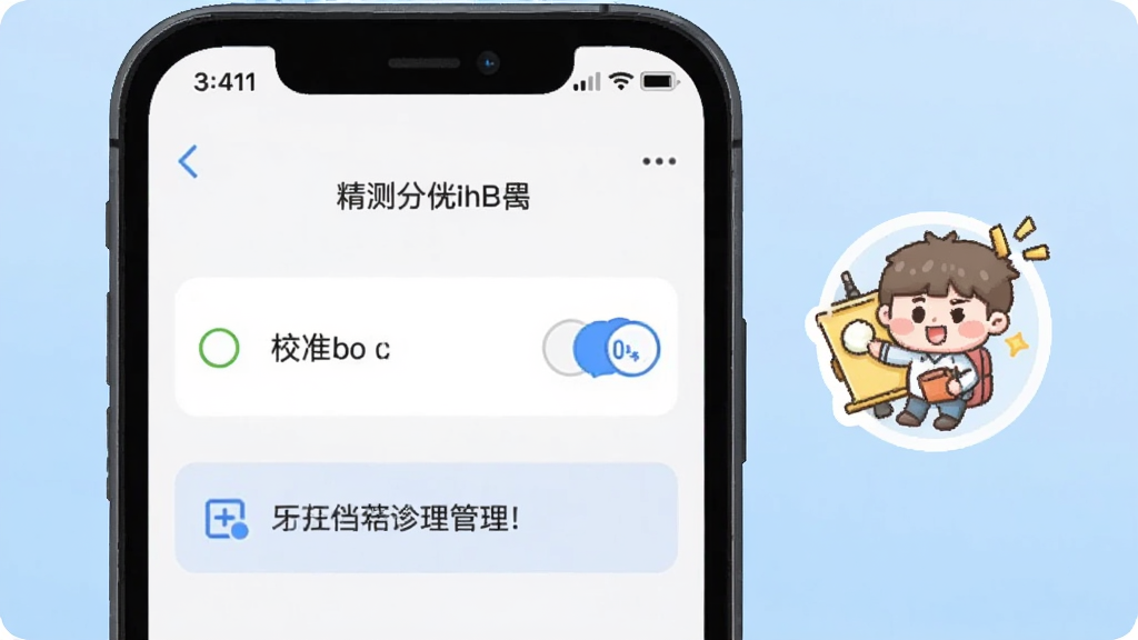 一个手机屏幕显示精测分贝仪的设置页面,有校准选项和权限管理入口,旁边有一个卡通风格的小贴士图标,背景是浅蓝色渐变,画面简洁明了,文字清晰可读,画质干净,无多余元素