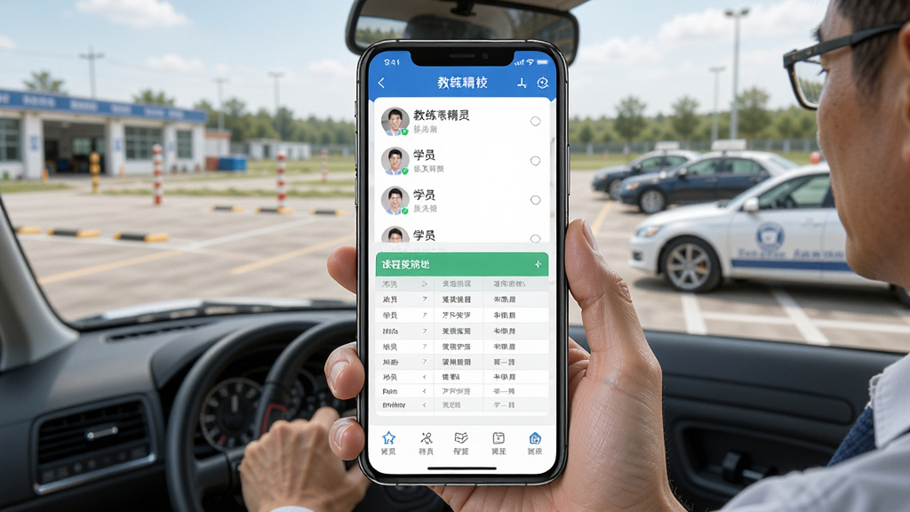 һ��չʾ��У����ʹ���ֻ�APP����ѧԱ��ͼƬ�������������ֻ���Ļ����Ļ����ʾ�Ž�������APP�������棬��������ѧԱ�б��Ϳγ̰��ű��񣬱����Ǽ�Уѵ�����ͽ�������������дʵ����������ɾ����࣬�����������޶���Ԫ��