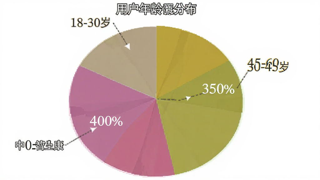 中顺智康 用户年龄分布 饼状图 18-30岁 30-45岁 45-60岁 60岁以上 不同颜色扇形 百分比标注 简洁图表 干净 无多余元素