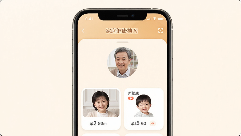 中顺智康 家庭健康档案 手机屏幕 多个成员头像 切换界面 老人 小孩 数据卡片 温馨风格 干净 无多余元素