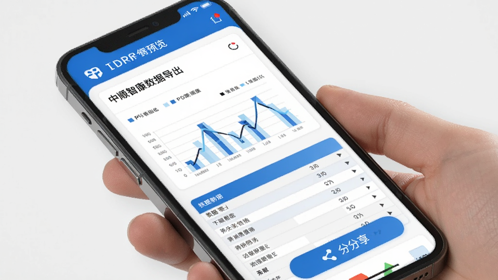 中顺智康 数据导出 手机屏幕 PDF报告预览 图表 数据列表 分享按钮 蓝色主题 干净 无多余元素