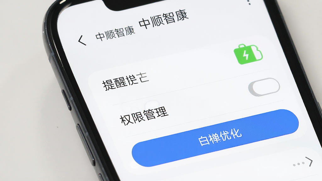 中顺智康 设置界面 手机屏幕 提醒开关 权限管理 电池优化 白名单 蓝色按钮 简洁列表 干净 无多余元素