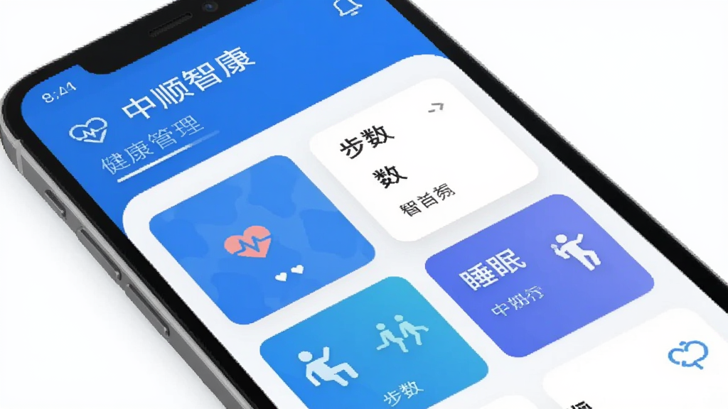 中顺智康 健康管理App 主界面 手机屏幕 蓝白配色 数据看板 心率 步数 睡眠 卡片式布局 扁平化设计 干净 无多余元素