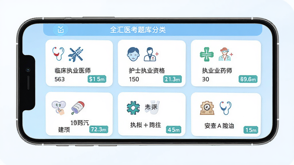 全汇医考题库分类界面,手机屏幕显示多个医学考试科目卡片,如临床执业医师、护士执业资格、执业药师等,每个卡片带有对应图标和题目数量标签,背景浅蓝色,布局整齐,风格扁平化,画质清晰干净