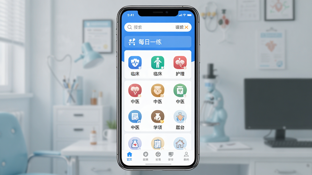 全汇医考App主界面展示,手机屏幕中央显示医学题库分类列表,包含临床、护理、中医等科目图标,背景为干净的蓝白色调,顶部有搜索框和每日一练入口,底部导航栏清晰,整体风格现代简洁,画质干净,无多余元素