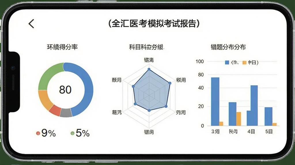 全汇医考模拟考试报告页面,手机屏幕显示成绩分析图表,包含环形得分率图、科目雷达图和错题分布柱状图,背景白色,数据标签清晰,风格专业简洁,画质干净无多余元素