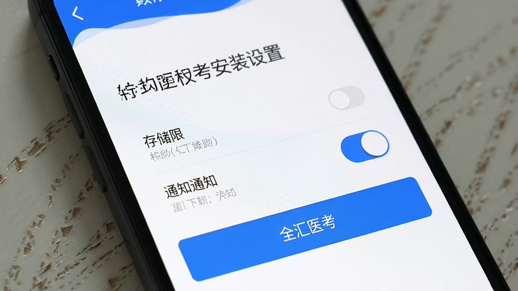全汇医考安装设置界面,手机屏幕显示权限管理页面,包含存储权限和通知权限开关,背景白色,按钮为蓝色,文字说明清晰,风格简洁,画质干净无多余元素