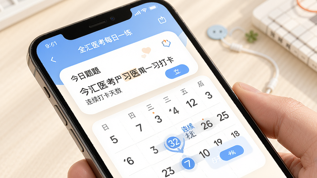 全汇医考每日一练打卡界面,手机屏幕显示今日题目卡片和学习日历,日历上标记了连续打卡天数,背景暖白色,按钮为蓝色圆角,风格清新,画质清晰