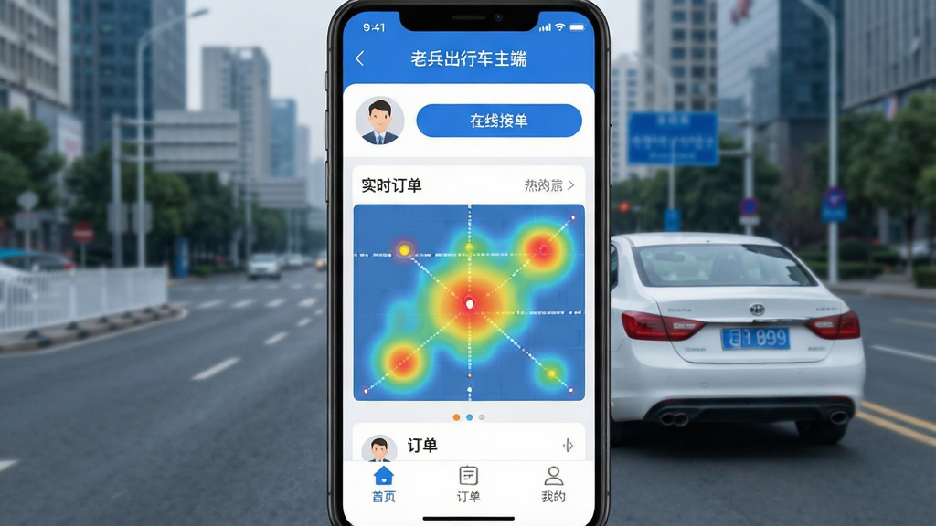 一张手机应用界面截图,画面中央展示“老兵出行车主端”APP的主界面,背景是城市道路和一辆白色轿车,界面顶部显示司机头像和在线接单按钮,中间是实时订单热力图,底部有“首页”“订单”“我的”三个图标,整体风格简洁现代,蓝白配色,画质清晰,干净无多余元素