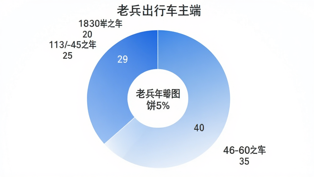 一张饼状图,展示“老兵出行车主端”用户年龄分布,18-30岁占比25%,31-45岁占比40%,46-60岁占比35%,图表配色为蓝白渐变,背景干净,数据标签清晰,风格简洁现代