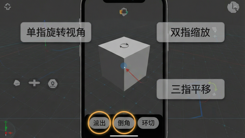 一张展示Blender三维建模新手操作界面的图片,画面中手机屏幕显示着一个简单的立方体模型,屏幕四周有半透明的操作提示浮层,分别标注着“单指旋转视角”“双指缩放”“三指平移”,底部工具栏里挤出、倒角、环切三个按钮被高亮圈出,背景是深灰色三维网格,风格清晰易懂,画质干净,无多余装饰元素。