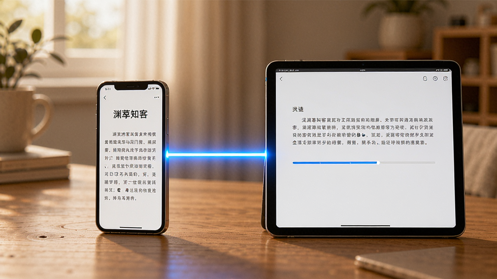 一张AI生图,画面主体是一部手机和一台平板电脑并排放在木桌上,两块屏幕之间有一条发光的蓝色光线连接,手机屏幕上显示“渊薮知客”的阅读界面,平板屏幕上显示同样的内容进度条,布局对称,风格为温馨生活场景摄影,细节清晰,画质干净,无多余元素