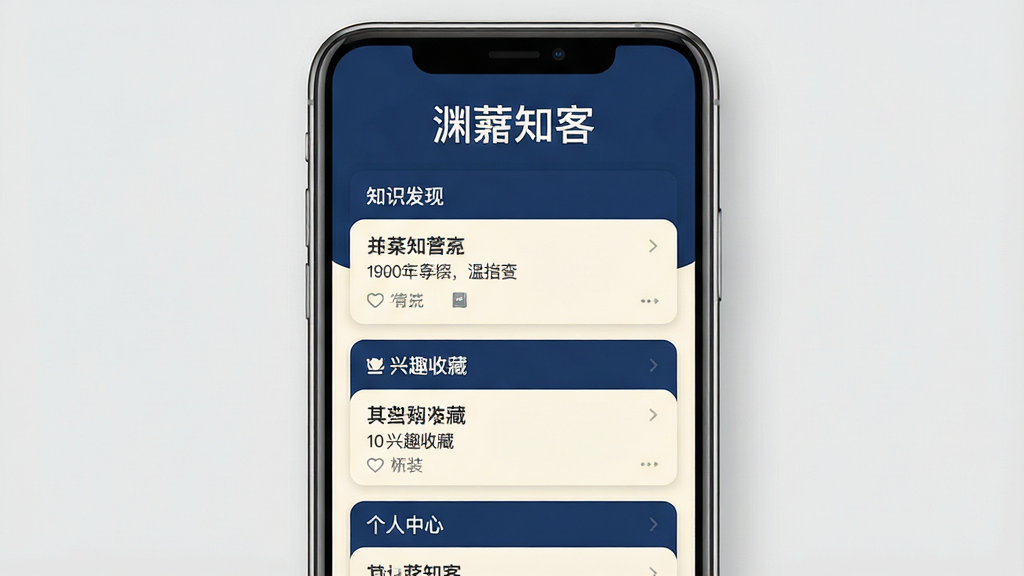 一张展示“渊薮知客”手机应用主界面的图片,画面中央是手机屏幕,屏幕内显示应用界面,顶部有“渊薮知客”四个字,界面布局为卡片式信息流,分为知识发现、兴趣收藏、个人中心三个板块,配色以深蓝和米白为主,风格简约现代,细节清晰,画质干净,无多余元素