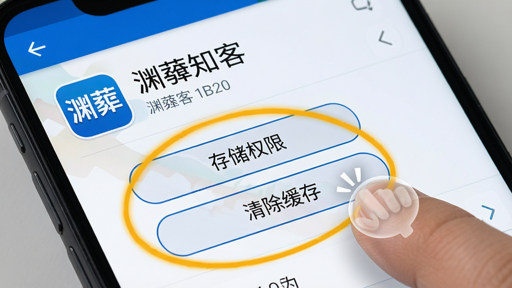 一张AI生图,画面主体是一部安卓手机屏幕特写,屏幕上显示“渊薮知客”的应用信息页面,页面中“存储权限”和“清除缓存”两个按钮被高亮圈出,旁边有手指点击的动画效果,布局为局部放大视角,风格为手机UI说明图,细节清晰,画质干净,无多余元素