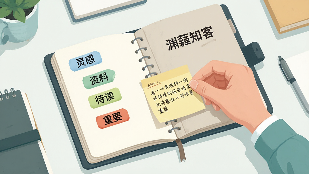 一张AI生图,画面主体是一个打开的虚拟笔记本,页面内漂浮着各种标签(“灵感”、“资料”、“待读”、“重要”),一只手正将一张写有文字的便签纸贴到笔记本页面上,笔记本封面上印有“渊薮知客”字样,布局为俯视视角,风格为清新办公插画,细节清晰,画质干净,无多余元素