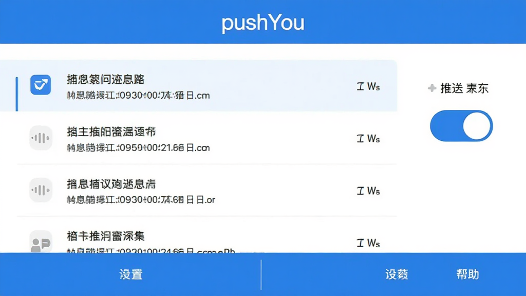 pushYou应用内消息推送管理界面,顶部显示“pushYou”标题,中间是消息列表和推送开关,底部有设置和帮助选项,整体布局简洁,蓝白配色,风格清爽,画质干净无多余元素