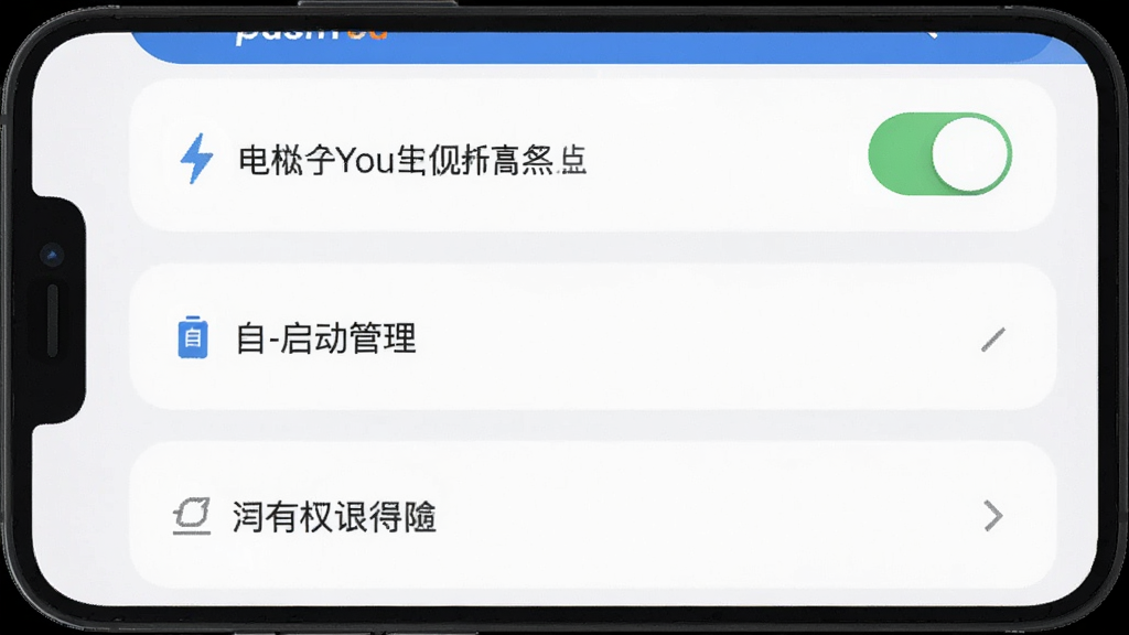 手机屏幕上展示pushYou的后台设置界面,有电池优化白名单开关、自启动管理选项和通知权限设置,界面中有“pushYou”文字,布局为列表式,风格简洁,蓝白配色,画质干净无多余元素