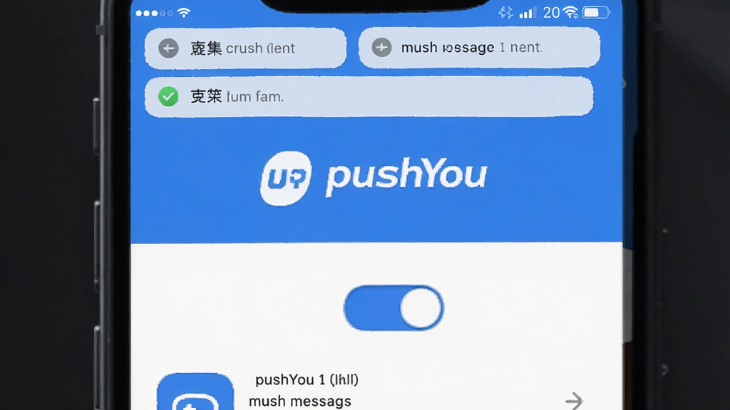 手机屏幕主界面展示pushYou应用图标和消息推送通知卡片,顶部状态栏显示多条未读消息,中间是pushYou的logo和名称文字“pushYou”,底部有推送开关按钮和消息列表,整体布局清晰,蓝白配色,风格现代扁平,画质干净无多余元素