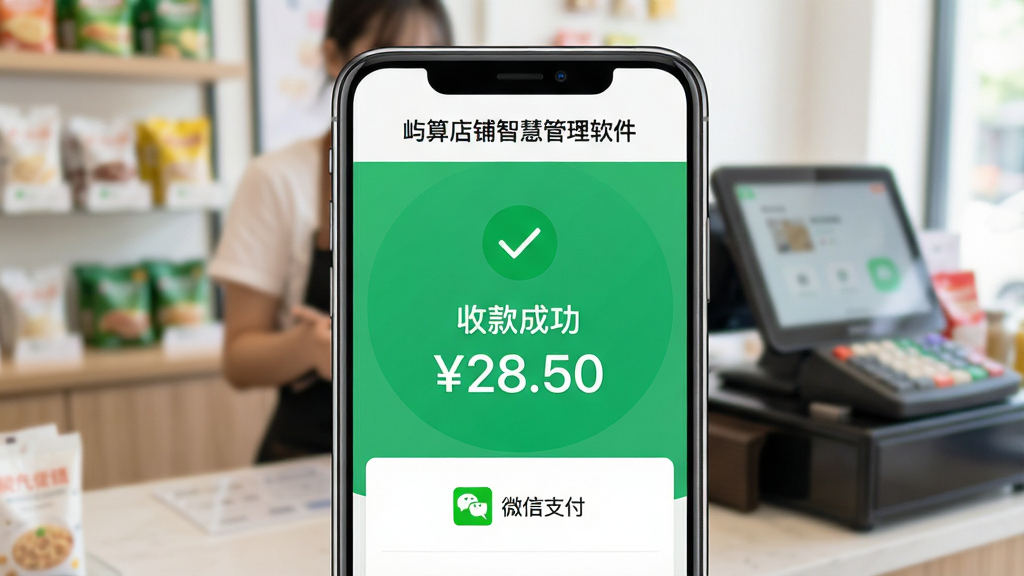 展示屿算店铺智慧管理软件聚合收款功能的图片。画面主体是手机屏幕显示收款成功页面,屏幕上方有“屿算店铺智慧管理软件”字样,中间是绿色对勾和“收款成功 ¥28.50”大字,下方显示“微信支付”图标。背景是模糊的店铺收银台场景,风格真实明亮,细节清晰,画质干净,无杂乱元素。