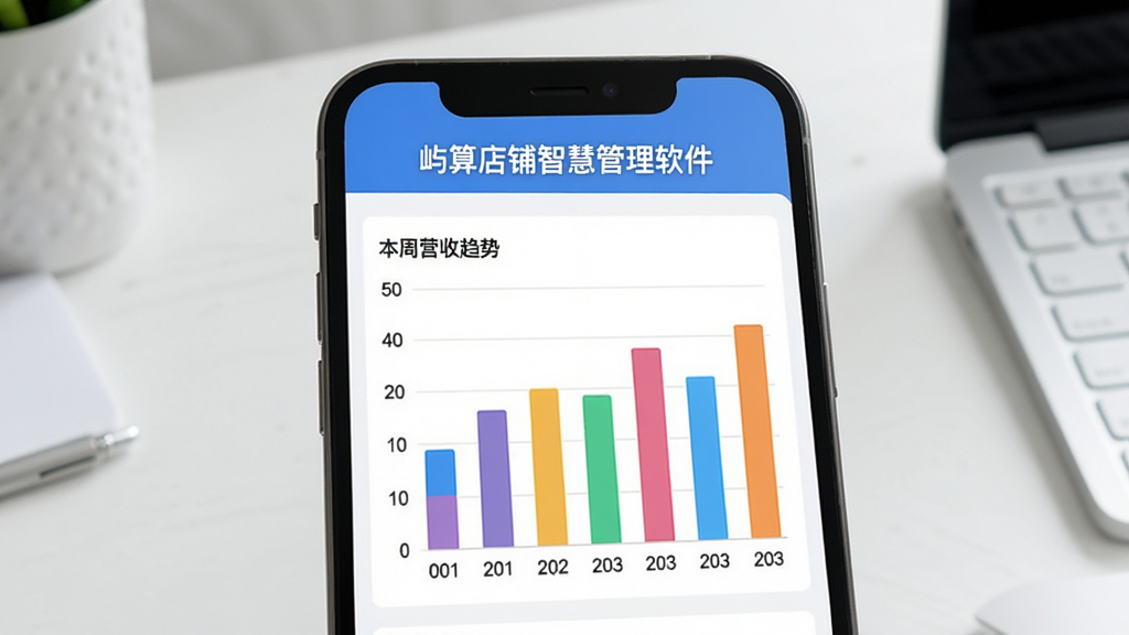 展示屿算店铺智慧管理软件经营报表功能的图片。画面主体是手机屏幕,屏幕上方有“屿算店铺智慧管理软件”字样,中间显示彩色柱状图,柱状图上方标注“本周营收趋势”,下方有日期标签。背景是干净的书桌桌面,风格现代简约,画质清晰,无多余元素。