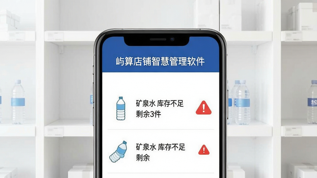 展示屿算店铺智慧管理软件库存预警功能的图片。画面主体是手机屏幕,屏幕上方有“屿算店铺智慧管理软件”文字,中间列表显示商品名称“矿泉水 库存不足 剩余3件”,旁边有红色感叹号警示图标。背景是简洁的白色货架,风格干净商务,画质清晰,无多余元素。
