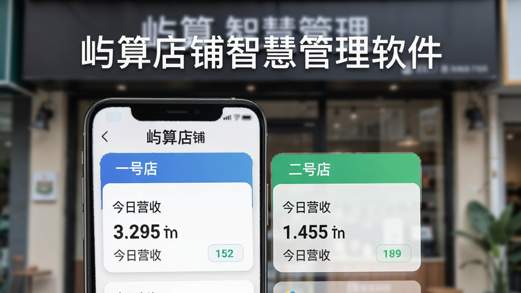 展示屿算店铺智慧管理软件多店铺管理功能的图片。画面主体是手机屏幕,屏幕上方有“屿算店铺智慧管理软件”文字,中间显示两个店铺卡片,分别标注“一号店”和“二号店”,卡片上有今日营收数据。背景是模糊的店铺门头场景,风格真实商务,画质干净,无多余元素。