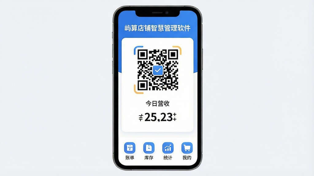 一张展示屿算店铺智慧管理软件核心全貌的图片。主体是手机屏幕,屏幕内显示软件主界面,界面顶部有“屿算店铺智慧管理软件”清晰文字,中间是醒目的收款二维码和今日营收数字,底部是账单、库存、统计、我的四个图标。布局简洁,采用蓝白配色,风格现代扁平化,图标圆润,画质干净清晰,无多余元素。