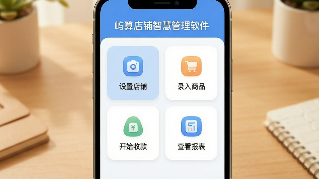 一张展示屿算店铺智慧管理软件新手操作界面的图片。主体是手机屏幕,屏幕上方有“屿算店铺智慧管理软件”文字,中间显示四个功能引导卡片,分别标注“设置店铺”“录入商品”“开始收款”“查看报表”。背景是暖色调桌面,风格清新简洁,图标圆润,画质干净,无多余元素。