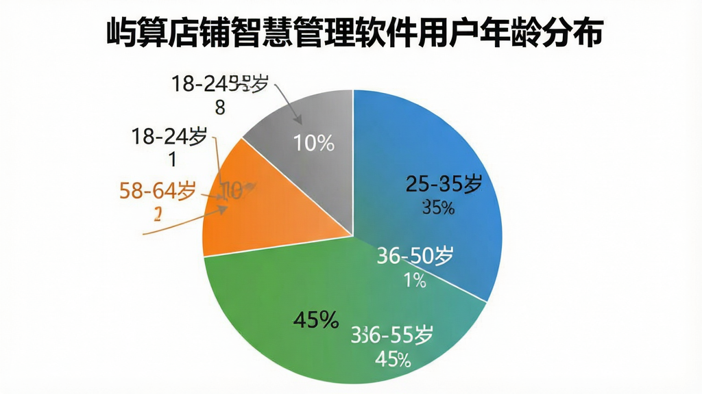 一张饼状图,标题为“屿算店铺智慧管理软件用户年龄分布”。饼图分为四个扇形区域,分别标注“25-35岁 35%”“36-50岁 45%”“18-24岁 10%”“51-60岁 10%”。配色采用蓝色、绿色、橙色、灰色,风格简洁商务,画质清晰,无多余元素。