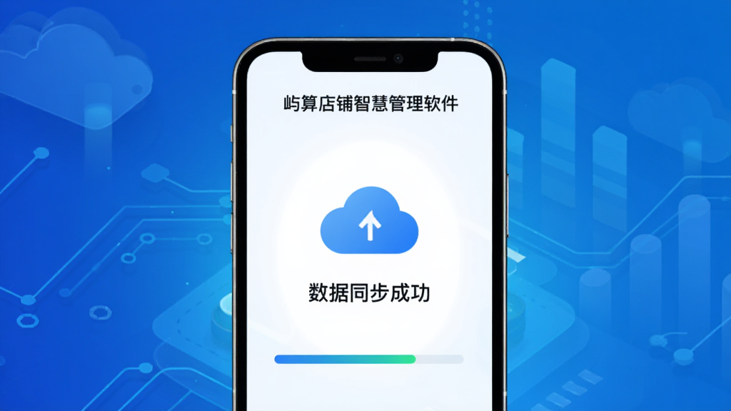 展示屿算店铺智慧管理软件数据云端同步功能的图片。画面主体是手机屏幕,屏幕上方有“屿算店铺智慧管理软件”字样,中间显示云朵图标和“数据同步成功”文字,下方有进度条。背景是科技感蓝色渐变,风格现代简洁,画质清晰,无多余元素。