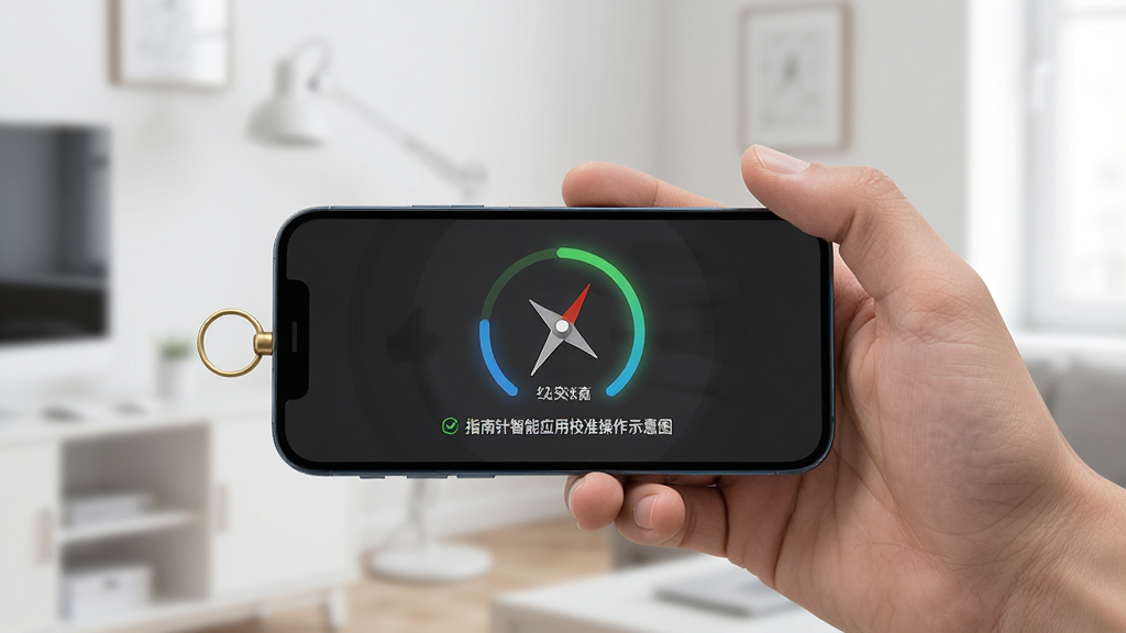 指南针智能应用校准操作示意图,画面展示一只手拿着手机在水平方向缓慢旋转,手机屏幕上显示校准进度和提示文字,背景是室内简洁环境,风格写实清晰,画质干净,无多余元素。