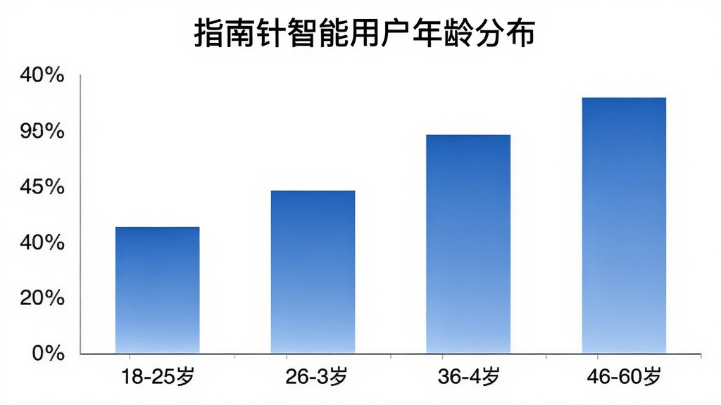 指南针智能用户年龄分布柱状图,横轴为年龄段18-25岁、26-35岁、36-45岁、46-60岁,纵轴为用户占比百分比,柱状颜色使用蓝色渐变,图表上方标注指南针智能用户年龄分布,背景白色,风格简洁商务,画质清晰,无多余元素。