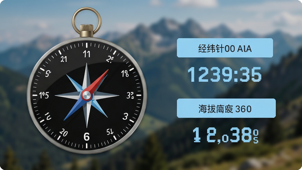 指南针智能应用界面截图,画面同时展示指南针表盘、经纬度数字和海拔高度信息,背景是户外山脉的模糊虚化图,界面布局清晰,文字标签使用白色和浅蓝色,风格清爽直观,画质干净无杂乱元素。