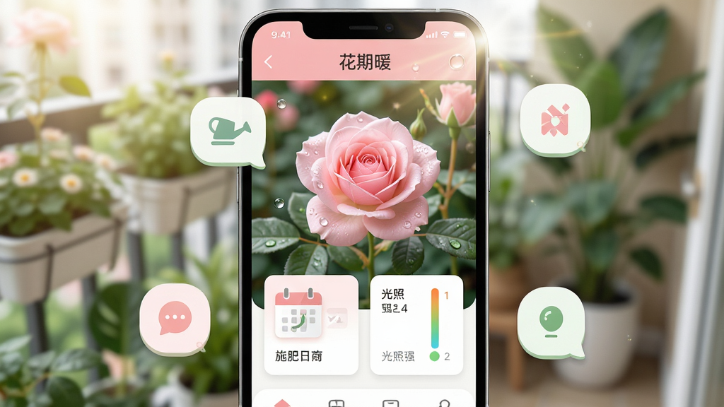 手机屏幕展示“花期暖”应用主界面,画面中心是一株盛开的粉色月季,周围环绕着浇水提醒图标、施肥日历卡片和光照强度指示条,背景是模糊的阳台绿植场景,布局上软件界面占据屏幕主体,四周漂浮着简洁的功能气泡,风格清新自然,采用柔和的粉绿配色,细节处有水滴和阳光光斑,画质干净明亮,无多余元素