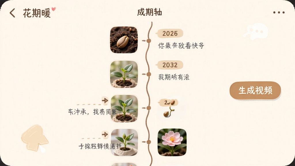 手机应用“花期暖”的成长记录时间轴界面截图,画面中央是一株植物从种子到开花的六个阶段小图纵向排列,每个阶段有日期标签和简短的文字记录,右侧有“生成视频”按钮,界面背景为浅米色,风格温馨手账风,细节上时间轴线条流畅,图片圆角柔和,画质清晰干净,无多余元素