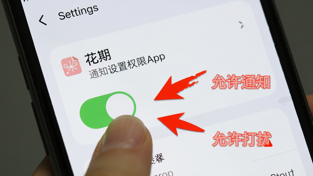 手机屏幕上显示“花期暖”App的通知权限设置页面,画面中有一个醒目的开关按钮被手指点击打开,旁边有红色箭头标注“允许通知”和“允许打扰”,背景是手机系统设置界面,风格简洁明了,采用扁平化设计,细节清晰,画质干净,无多余元素