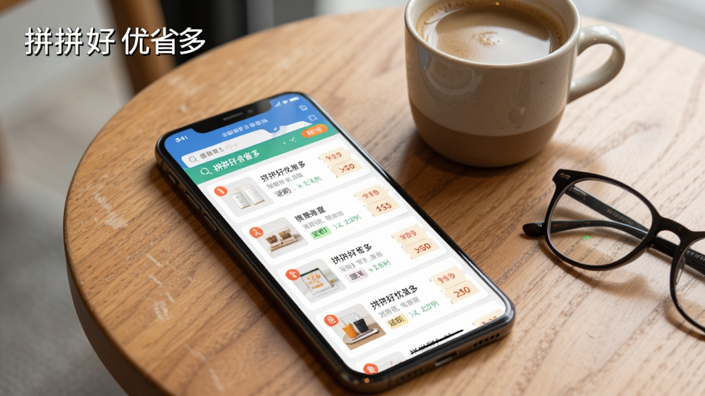 一张展示拼拼好优省多搜索功能的图片,画面中一部手机放置在木质桌面上,屏幕显示拼拼好优省多应用内的搜索结果页面,页面中清晰列出多个商品的优惠券信息,每个商品旁标注着可省金额和返利比例,手机旁边放着一杯咖啡和一副眼镜,光线柔和自然,风格生活化且干净,画质清晰,图片中带有文字