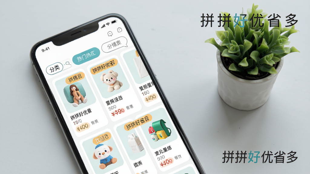 一张展示拼拼好优省多热门榜单的图片,手机屏幕显示商品榜单页面,商品以卡片形式排列,每张卡片包含商品图、名称、价格和优惠标签,页面顶部有分类切换按钮,整体配色清新明快,背景是浅灰色桌面,旁边放着一盆小绿植,风格简约生活化,画质高清,图片中带有文字