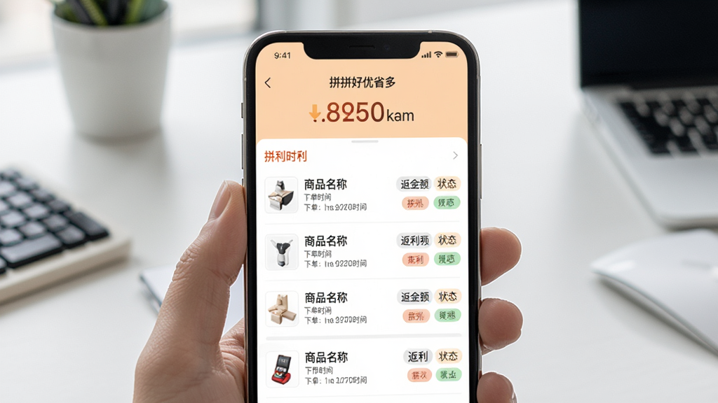 一张展示拼拼好优省多返利明细页面的图片,手机屏幕显示返利记录列表,每条记录包含商品名称、下单时间、返利金额和状态标签,页面顶部显示账户总返利金额,界面以白色和浅橙色为主,排版清晰易读,手机背景是简洁的办公桌面,风格现代商务,画质干净高清,图片中带有文字
