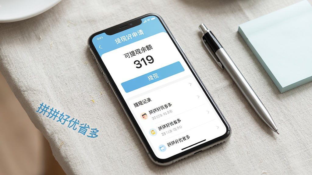 一张展示拼拼好优省多提现页面的图片,手机屏幕显示提现申请界面,页面中显示可提现余额和提现按钮,下方有提现记录列表,界面以白色和浅蓝色为主,排版简洁明了,手机放在浅色桌布上,旁边有一支笔和便签纸,风格清新自然,画质干净高清,图片中带有文字