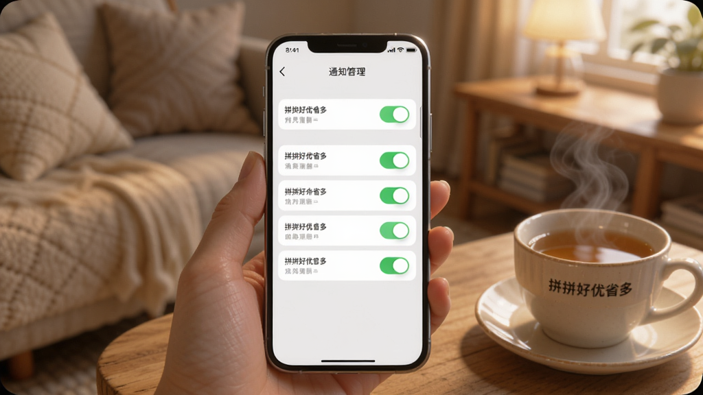 一张展示拼拼好优省多消息通知设置的图片,手机屏幕显示通知管理页面,页面中有多个开关选项,部分开启部分关闭,界面清爽简洁,以白色和浅灰色为主,手机背景是温馨的居家环境,旁边有一杯热茶,风格舒适放松,画质高清,图片中带有文字