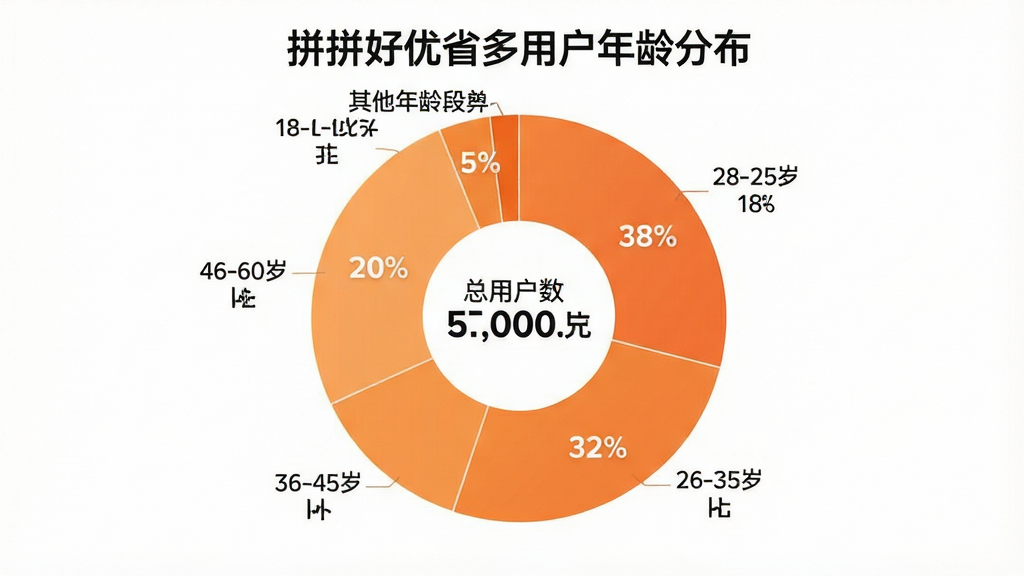 一张拼拼好优省多用户年龄分布饼状图,饼图分为五个扇形区域,分别标注18-25岁占比18%、26-35岁占比32%、36-45岁占比25%、46-60岁占比20%、其他年龄段占比5%,配色使用暖橙色系渐变,饼图中央显示总用户数,图表风格简洁现代,背景干净白色,文字清晰无多余元素,图片中带有文字