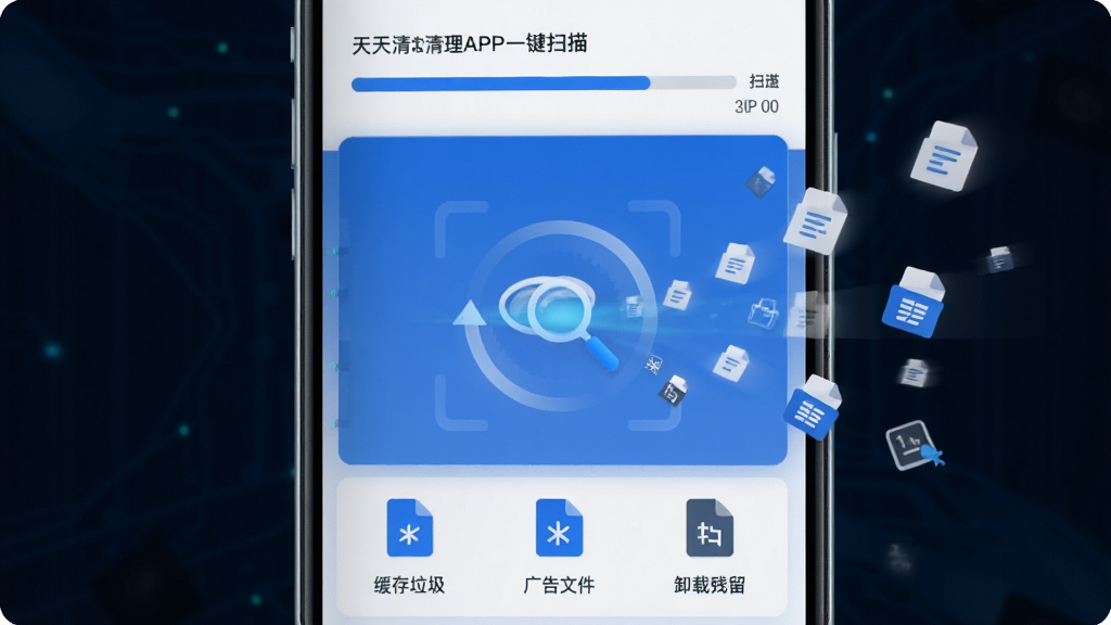 天天清理APP一键扫描功能界面截图,手机屏幕显示扫描进度条和正在扫描的垃圾文件类别,包括缓存垃圾、广告文件、卸载残留等,界面中央有旋转的扫描动画,配色清爽,以蓝色和白色为主,周围有细小的文件图标飞入扫描区域的动效,风格科技感十足,画质干净