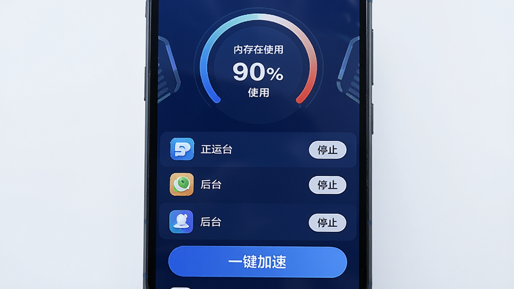 天天清理手机加速功能界面,手机屏幕显示内存占用情况,以仪表盘或圆环形式展示当前内存使用百分比,下方列出正在运行的后台应用列表,每个应用右侧有“停止”按钮,底部有“一键加速”大按钮,配色以深蓝和白色为主,风格简洁科技感,画质干净